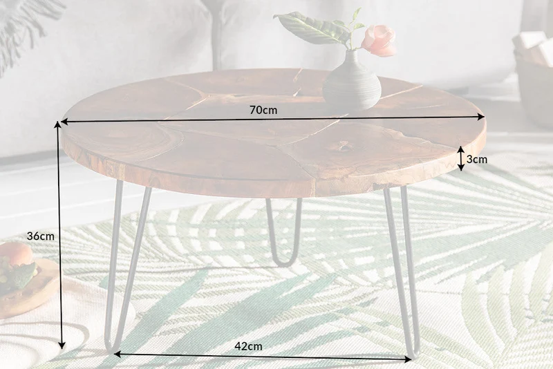 Table basse ronde en bois massif MOSAIC 70cm teck naturel pieds épingles métal noir fait main