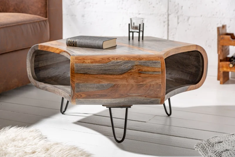 Table basse rétro ORGANIC LIVING 80cm finition fumée grise pieds épingles en bois massif de palissandre de Sheesham