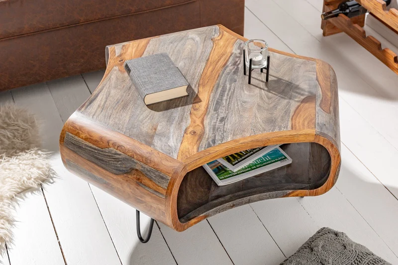 Table basse rétro ORGANIC LIVING 80cm finition fumée grise pieds épingles en bois massif de palissandre de Sheesham