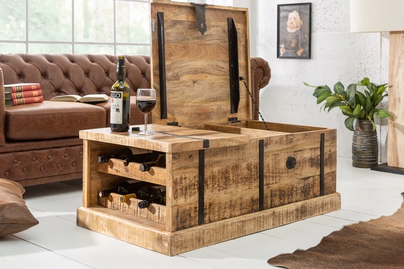 Table basse en bois massif BODEGA 100 cm, coffre de bar en bois de manguier avec espace de rangement