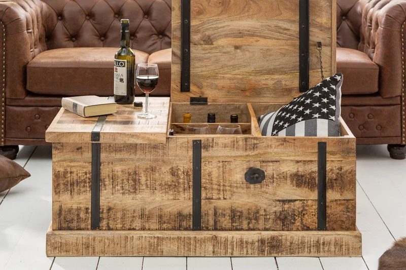 Table basse en bois massif BODEGA 100 cm, coffre de bar en bois de manguier avec espace de rangement