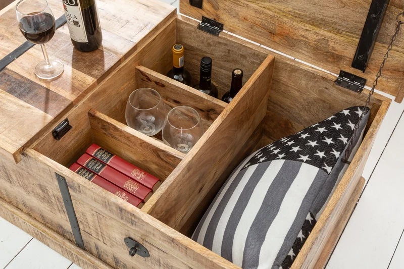 Table basse en bois massif BODEGA 100 cm, coffre de bar en bois de manguier avec espace de rangement