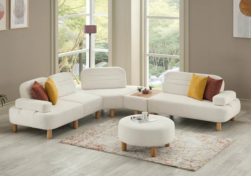 Canapé d’angle modulable bouclé blanc – ANGEL