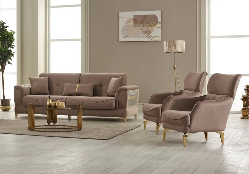 Canapé convertible design taupe et doré - LISA