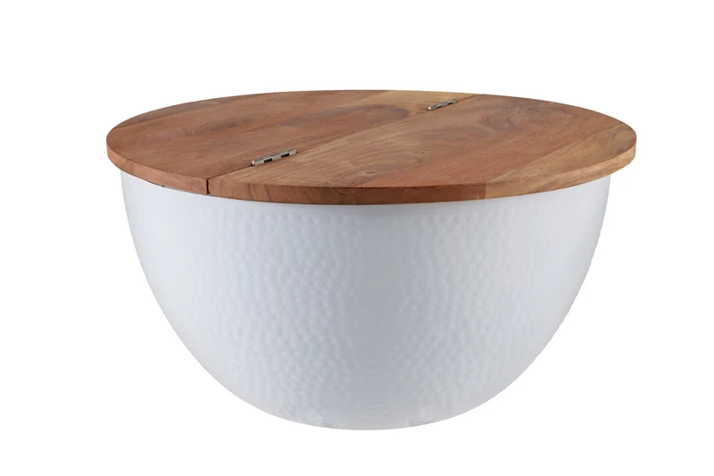 Table basse ronde ORIENT STORAGE 60cm en bois d'acacia blanc avec espace de rangement martelé fait main