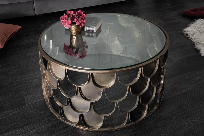 Table basse ronde ABSTRACT 60cm laiton antique métal verre design industriel écailles de poisson