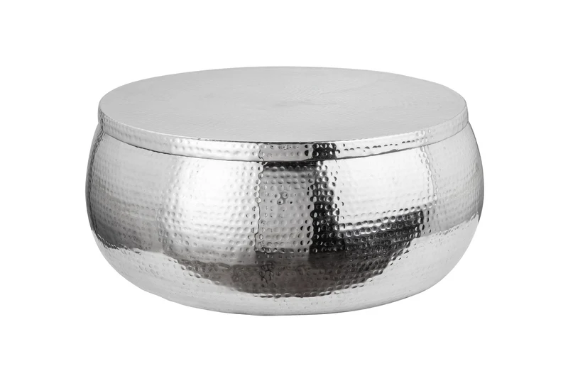 Table basse ronde ORIENT STORAGE 70cm en métal argenté avec rangement martelé design fait main