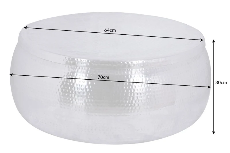Table basse ronde ORIENT STORAGE 70cm en métal argenté avec rangement martelé design fait main