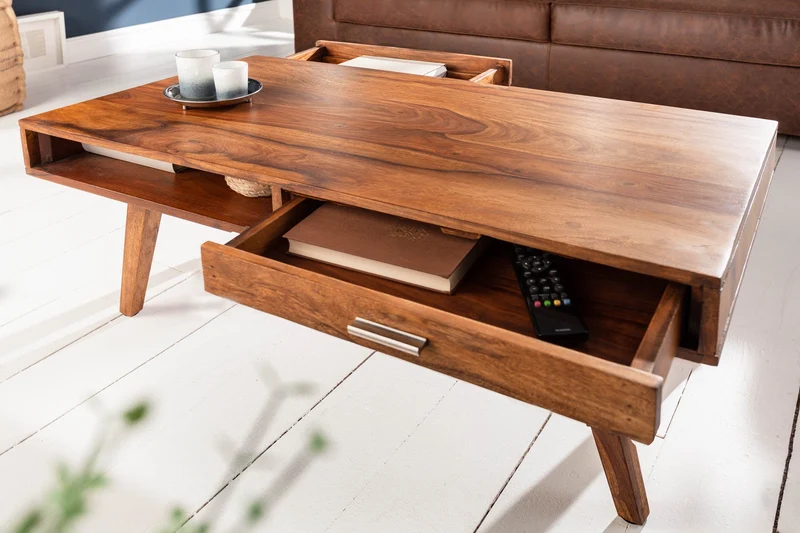 Table basse en bois massif RETRO 100cm marron finition pierre de Sheesham tiroirs fait main