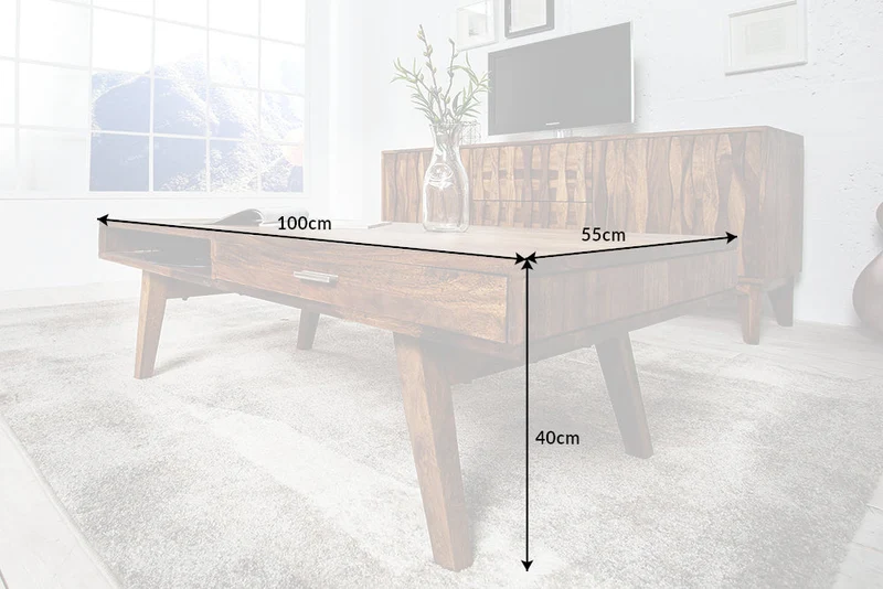 Table basse en bois massif RETRO 100cm marron finition pierre de Sheesham tiroirs fait main