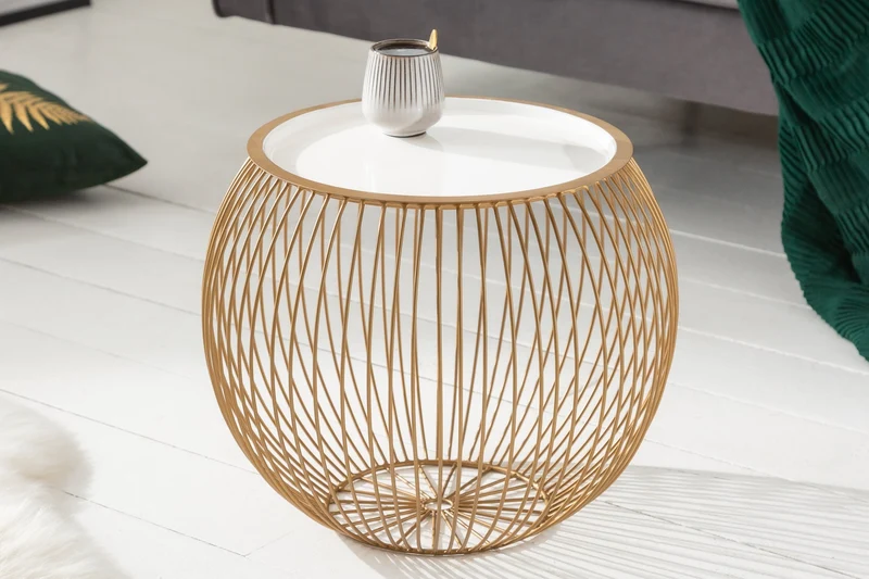 Table basse ronde STORAGE 40cm plateau métal blanc doré table d’appoint avec espace de rangement fait main