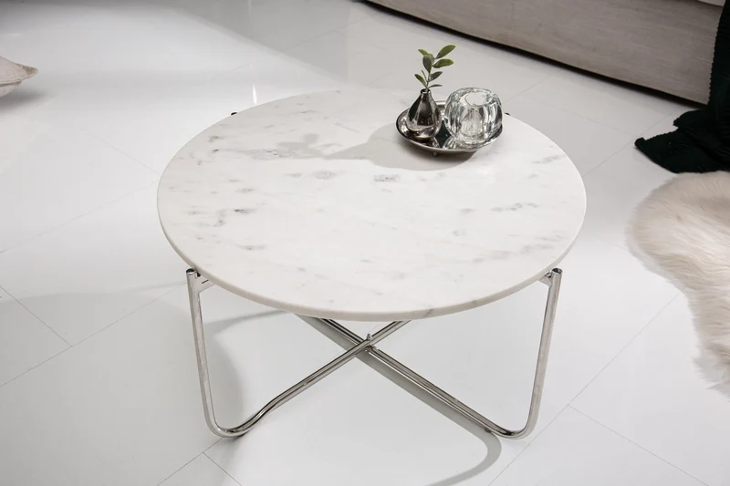 Table basse ronde NOBLE 65cm marbre blanc plateau amovible pliable métal argenté