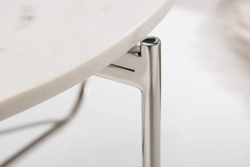 Table basse ronde NOBLE 65cm marbre blanc plateau amovible pliable métal argenté