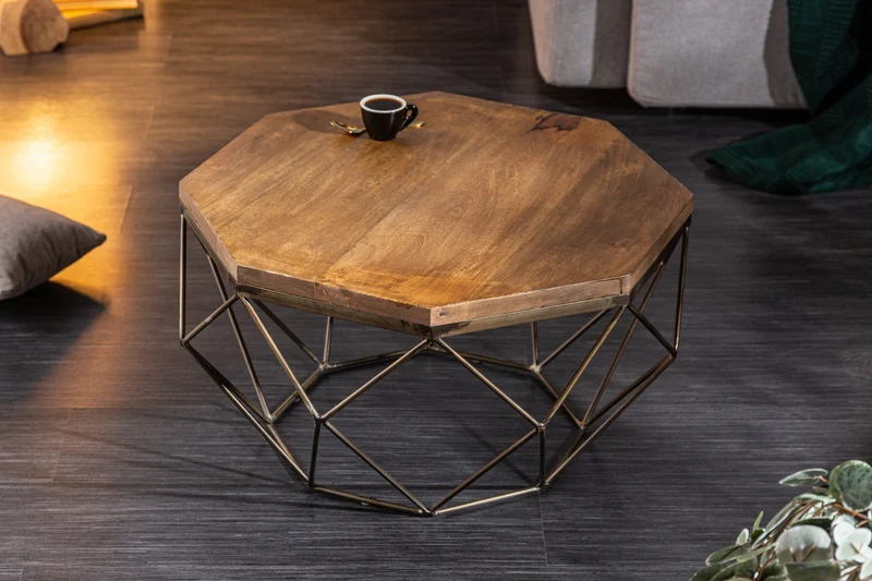 Table basse design DIAMOND 70 cm en bois de manguier naturel, structure en fer et laiton massif