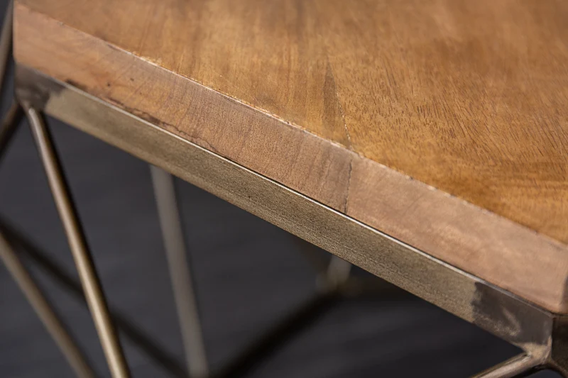 Table basse design DIAMOND 70 cm en bois de manguier naturel, structure en fer et laiton massif