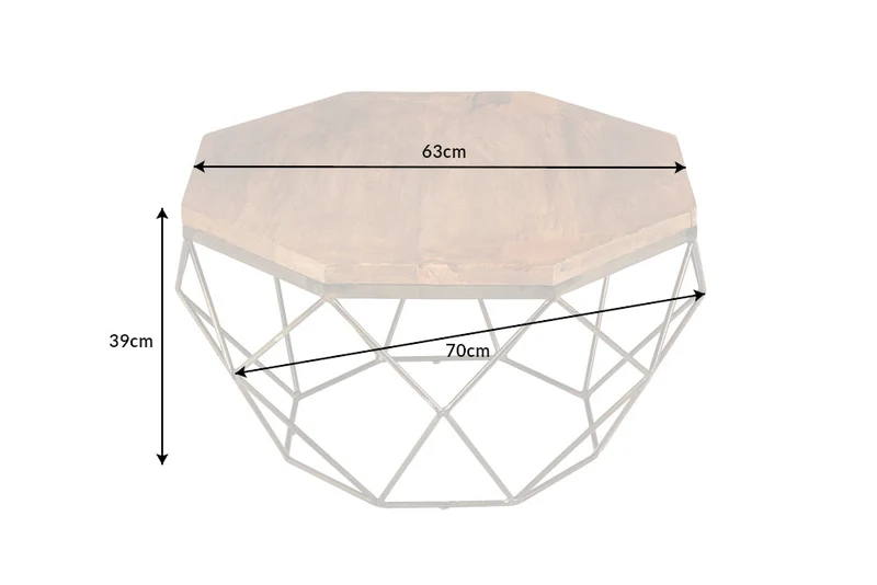 Table basse design DIAMOND 70 cm en bois de manguier naturel, structure en fer et laiton massif