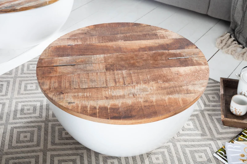Table basse ronde INDUSTRIAL STORAGE 60cm blanche en bois de manguier naturel avec espace de rangement fait main