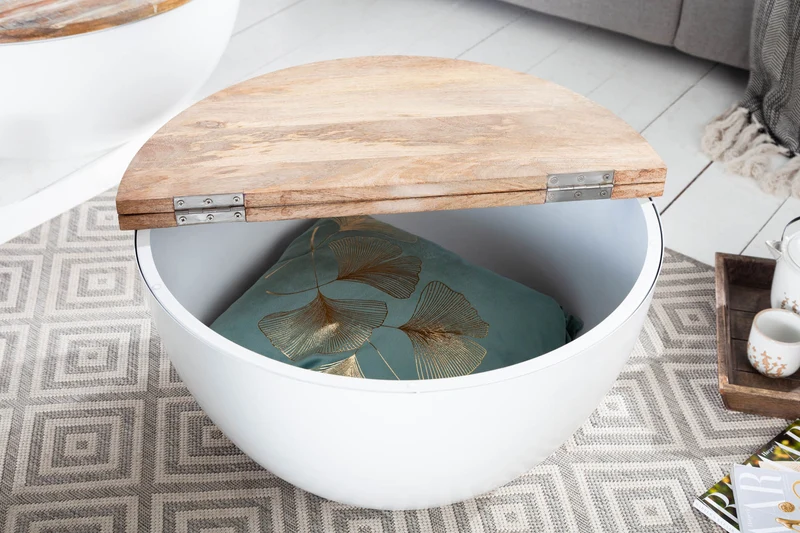 Table basse ronde INDUSTRIAL STORAGE 60cm blanche en bois de manguier naturel avec espace de rangement fait main