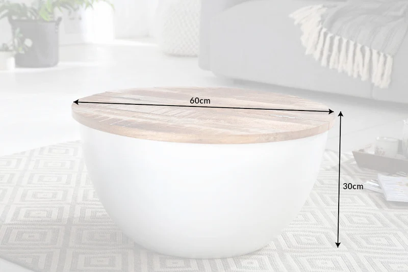 Table basse ronde INDUSTRIAL STORAGE 60cm blanche en bois de manguier naturel avec espace de rangement fait main