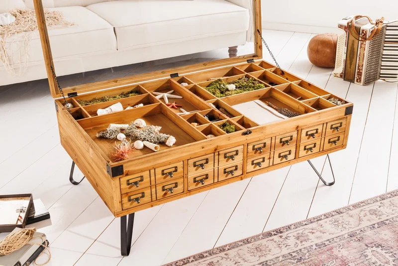 Table basse vintage SEVEN SEAS 100cm pin naturel bois massif pieds épingles à cheveux en verre avec espace de rangement