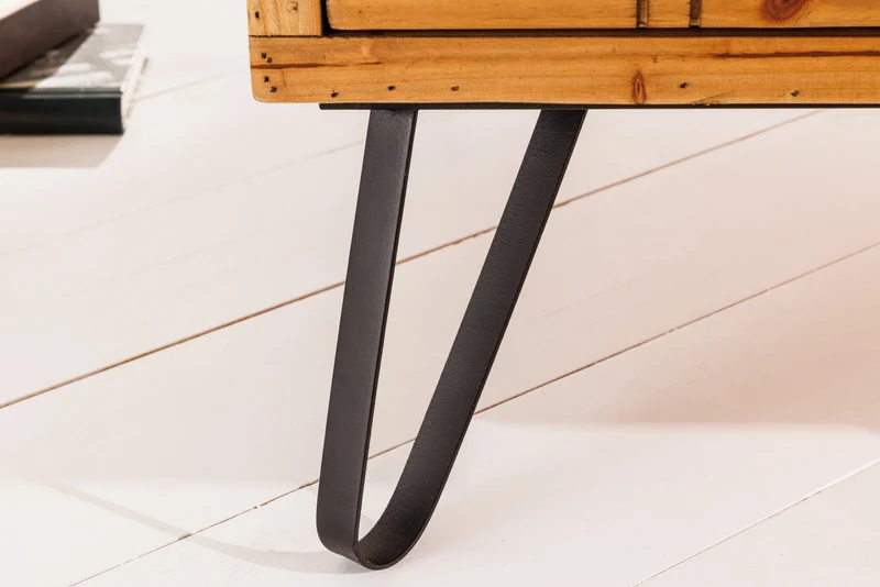 Table basse vintage SEVEN SEAS 100cm pin naturel bois massif pieds épingles à cheveux en verre avec espace de rangement