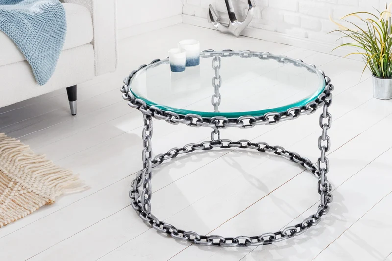Table basse design CHAINS 65cm en métal argenté fait main, plateau rond en verre, cadre en chaîne