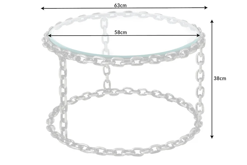 Table basse design CHAINS 65cm en métal argenté fait main, plateau rond en verre, cadre en chaîne
