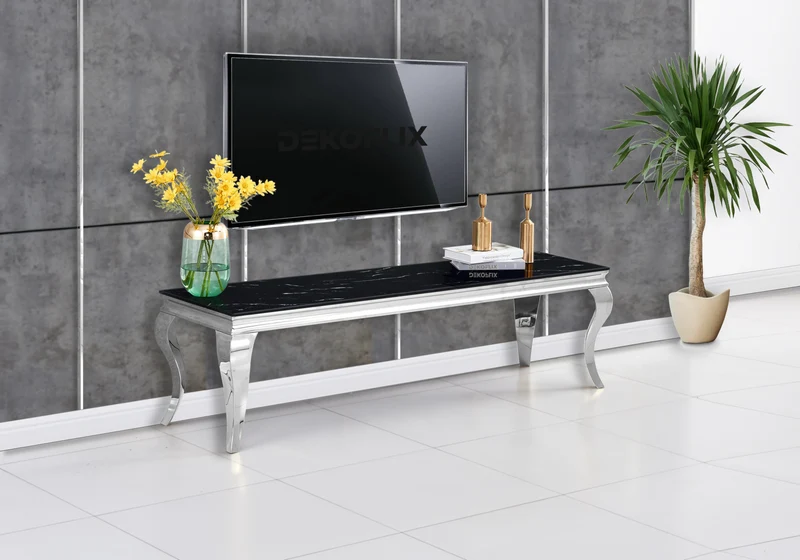 Meuble TV marbre noir design argent - Neo