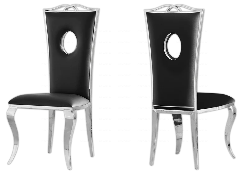 Chaise médaillon baroque argentée et similicuir noir - Pia x4