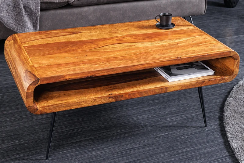 Table basse en bois massif ALPHA 90cm marron finition pierre de Sheesham pieds métal avec espace de rangement
