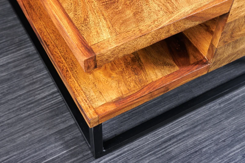 Table basse en bois massif GIANT 60cm marron finition pierre de Sheesham métal étagère noire