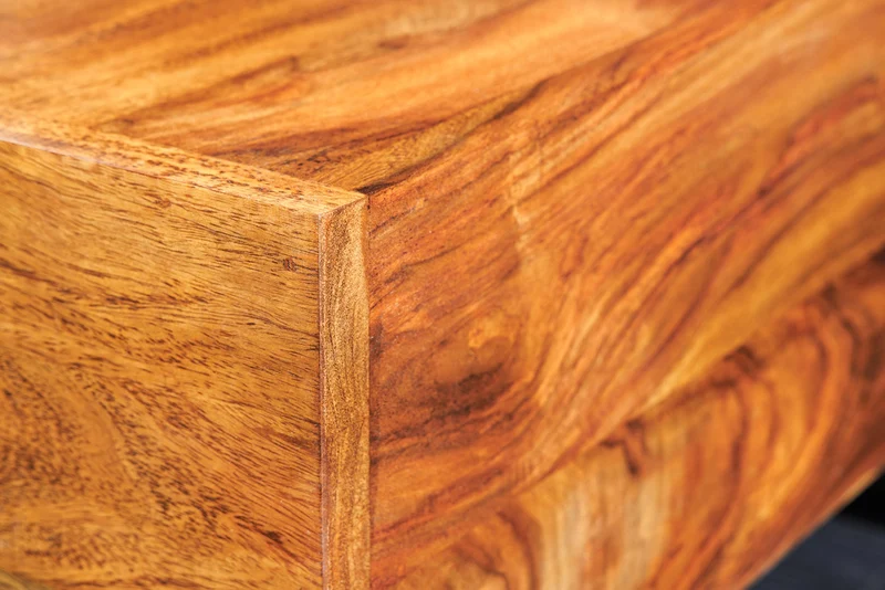 Table basse en bois massif GIANT 60cm marron finition pierre de Sheesham métal étagère noire