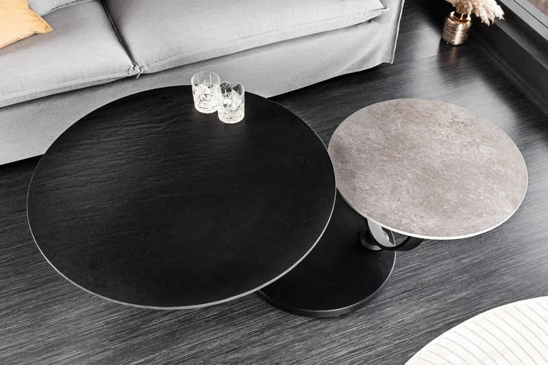 Table basse design DANCING RINGS noir gris ronde tournante en céramique métal