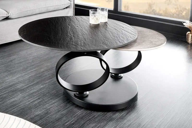 Table basse design DANCING RINGS noir gris ronde tournante en céramique métal