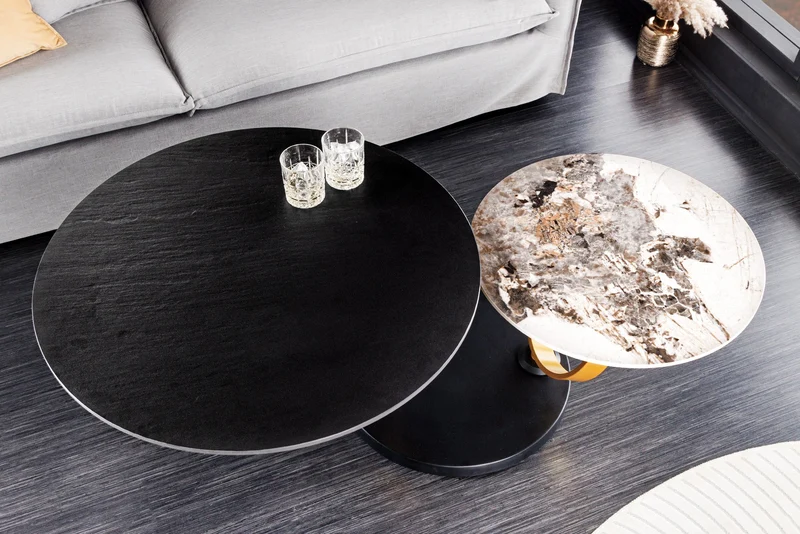 Table basse design DANCING RINGS ronde noire tournante Pandora céramique métal noir
