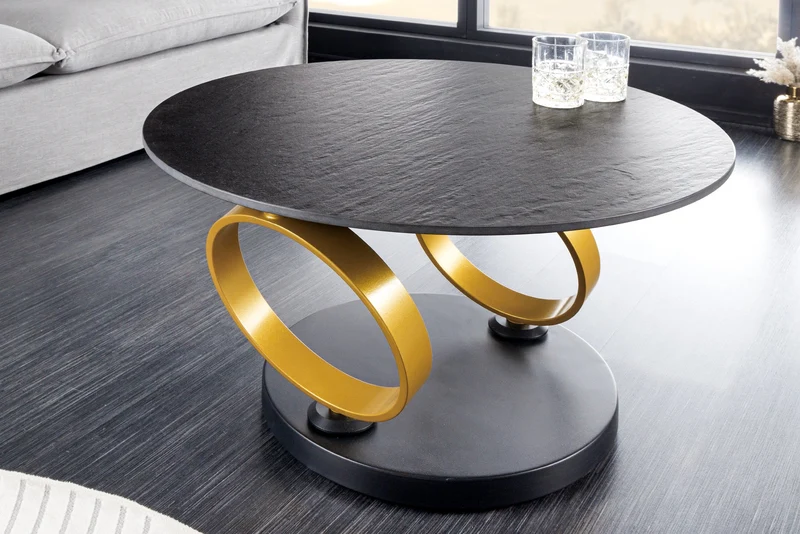 Table basse design DANCING RINGS ronde noire tournante Pandora céramique métal noir