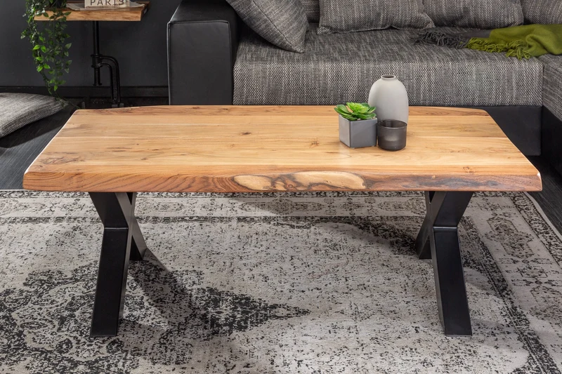 Table basse en bois massif MAMMUT 110cm bord acacia finition miel plateau 3,5cm