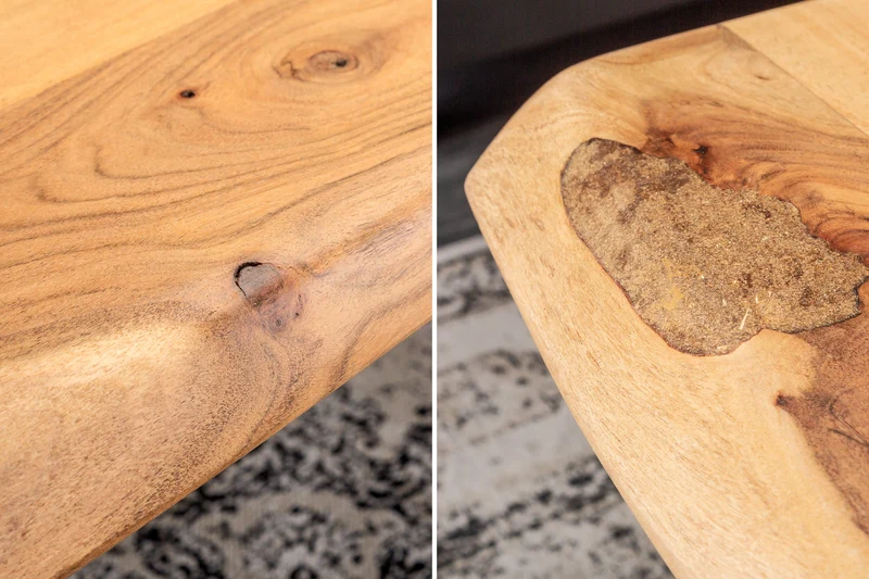 Table basse en bois massif MAMMUT 110cm bord acacia finition miel plateau 3,5cm