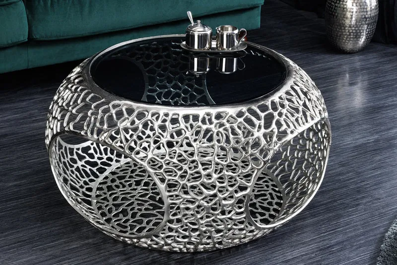 Table basse ronde SPIN 75cm argent noir verre métal avec espace de rangement fait main