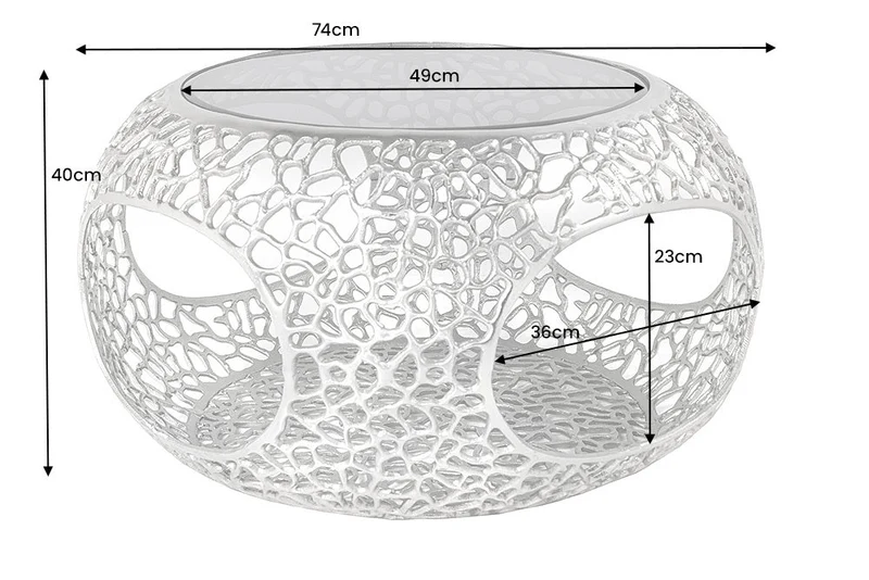 Table basse ronde SPIN 75cm argent noir verre métal avec espace de rangement fait main