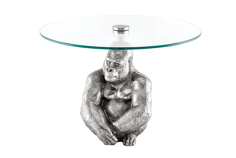 Table basse ronde WILDLIFE KONG 60cm métal argenté verre singe figure gorille sculpture fait main