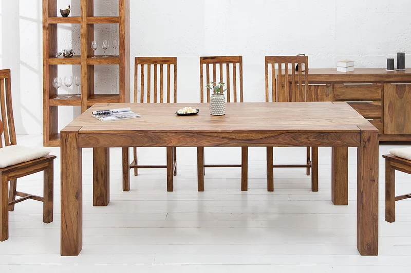 Table à manger rectangulaire en bois massif MAKASSAR 160 cm, finition pierre de Sheesham marron laquée