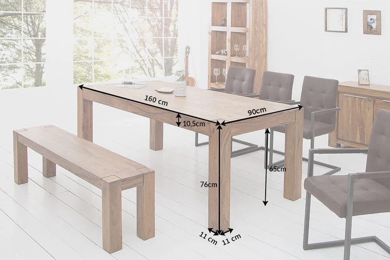 Table à manger rectangulaire en bois massif MAKASSAR 160 cm, finition pierre de Sheesham marron laquée