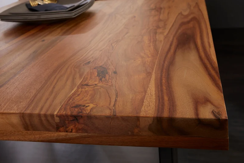 Table à manger en bois massif IRON CRAFT 120cm sheesham marron pieds métal noir finition pierre