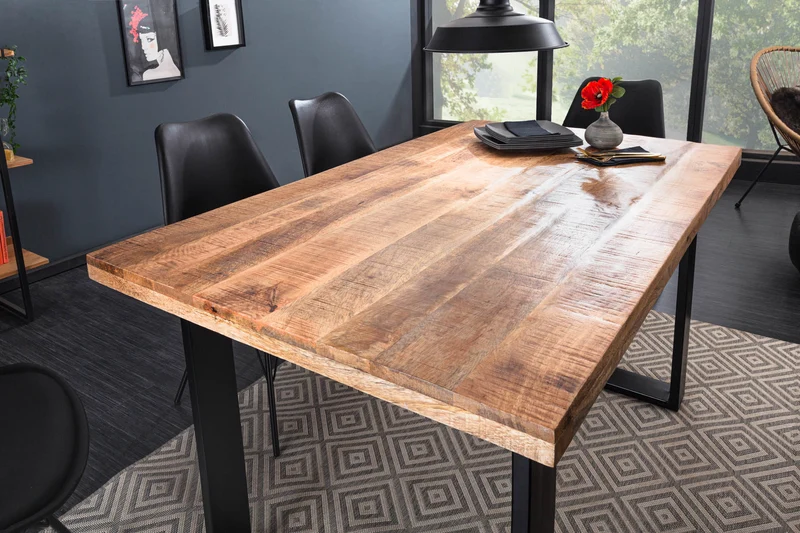 Table à manger solide IRON CRAFT 120 cm en bois de manguier, cadre en fer noir, chemin de table design industriel