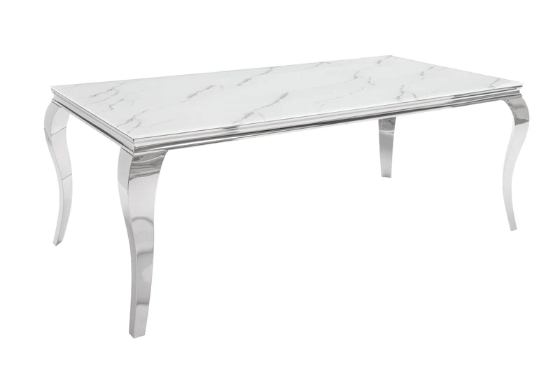 Table à manger design MODERNE BAROQUE 200cm blanc chrome plateau verre marbre pieds acier inoxydable