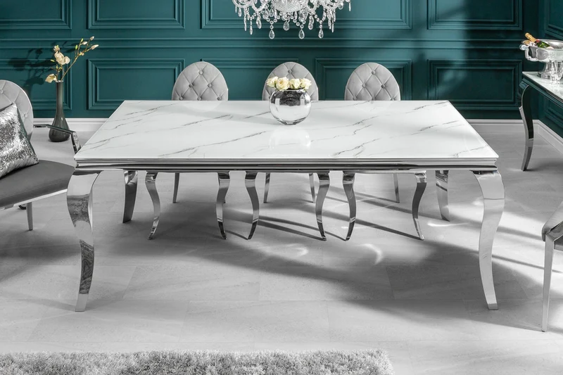 Table à manger design MODERNE BAROQUE 200cm blanc chrome plateau verre marbre pieds acier inoxydable