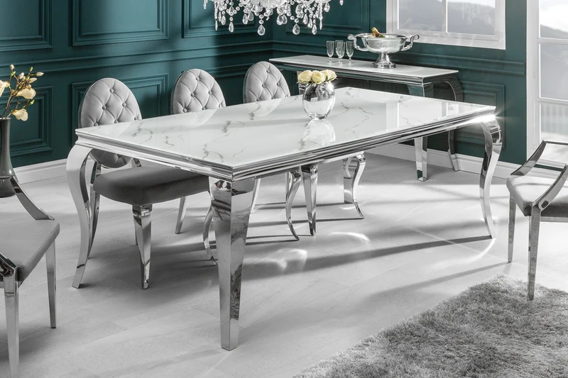 Table à manger design MODERNE BAROQUE 200cm blanc chrome plateau verre marbre pieds acier inoxydable