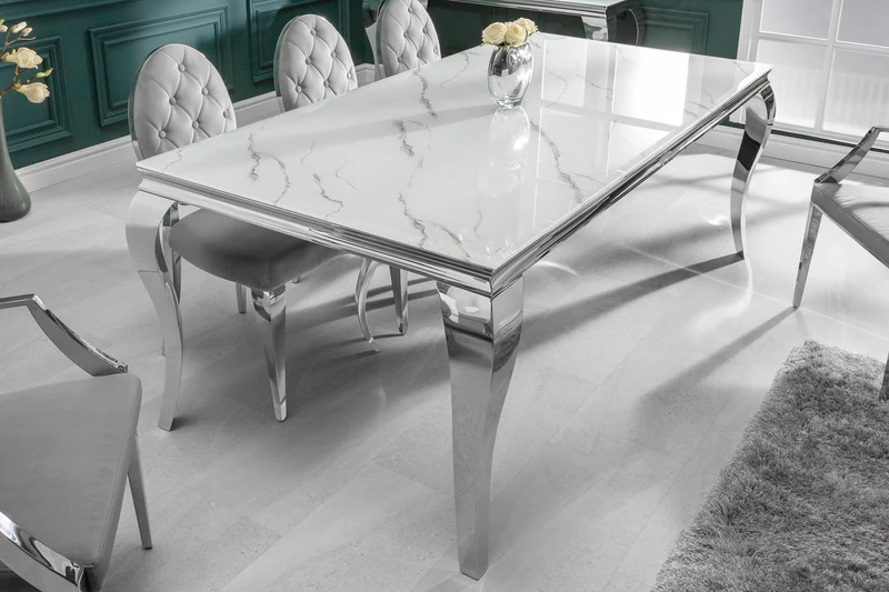 Table à manger design MODERNE BAROQUE 200cm blanc chrome plateau verre marbre pieds acier inoxydable