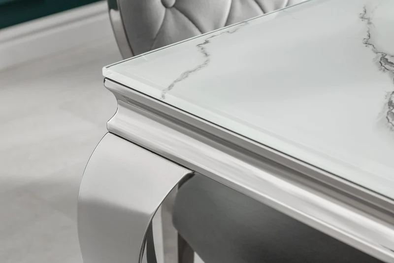 Table à manger design MODERNE BAROQUE 200cm blanc chrome plateau verre marbre pieds acier inoxydable